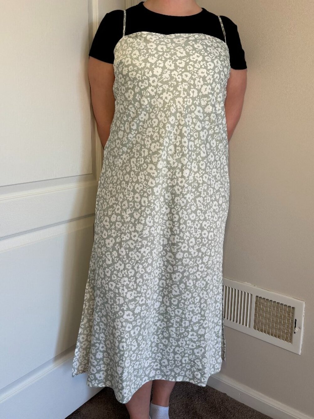 Light sage green spaghetti maxi dress with a white floral design